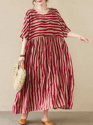 National Split-Joint Striped Pleated Round-Neck Half Sleeves Maxi Dress