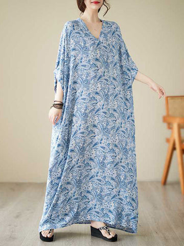 Printed Batwing Sleeves Loose V-Neck Maxi Dresses