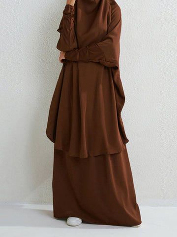 Solid Color Batwing Sleeves Long Sleeves Muslim High Neck Shirts Top + Skirts Bottom Two Pieces Set