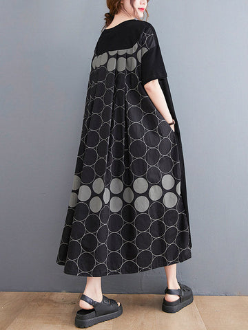 Casual Printed Polka-Dot Split-Joint  Asymmetric Round-Neck Plus Size Midi Dress