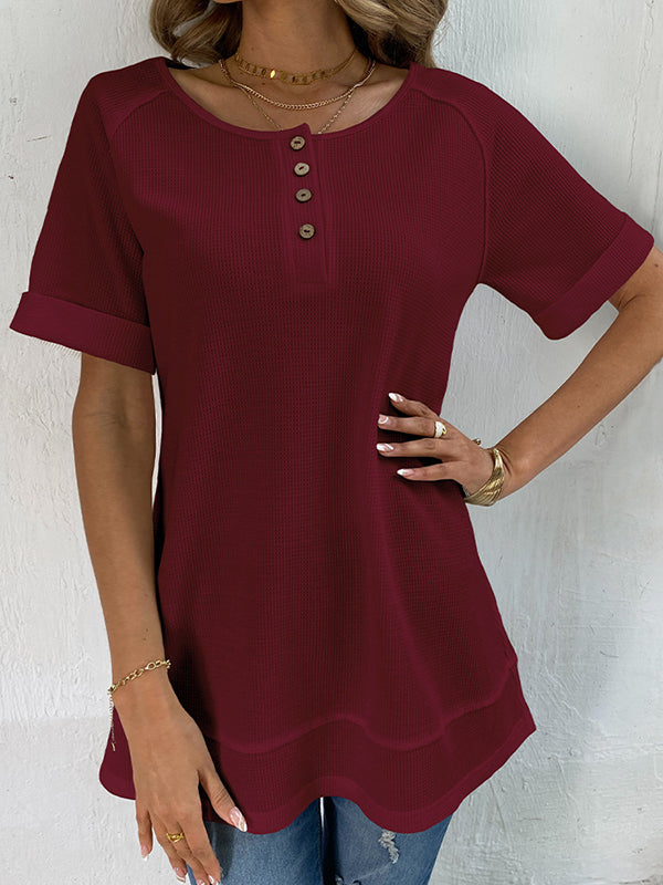 Buttoned Solid Color Split-Joint Loose Short Sleeves V-Neck T-Shirts Tops