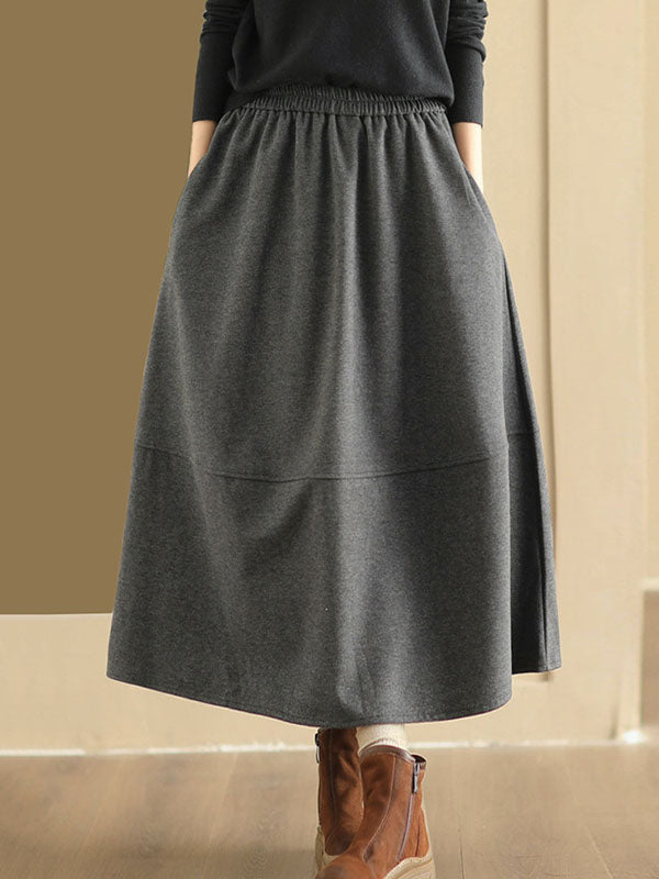 Elasticity Pockets Solid Color A-Line Loose Skirts Bottoms