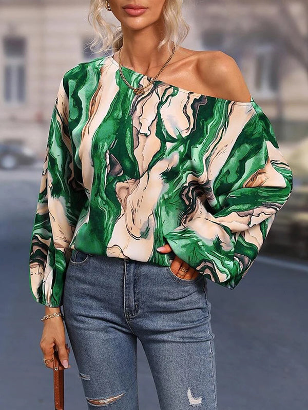 Asymmetric Printed Long Sleeves Loose One-Shoulder Blouses&Shirts Tops