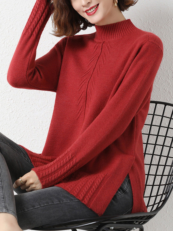 Loose Split-Side Solid Color Half Turtleneck Sweater Tops