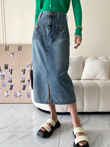 Pockets Split-front Split-Joint A-line Denim Skirts Bottoms