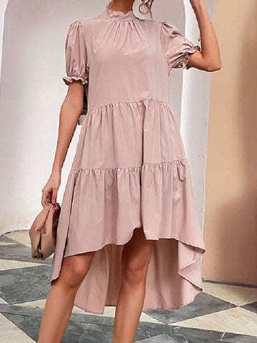 Casual Short Sleeves Irregularity Falbala Solid Color High-Neck Midi Dresses