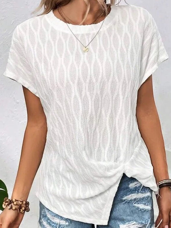 Jacquard Solid Color Split-Front Batwing Sleeves Loose Round-Neck T-Shirts Tops