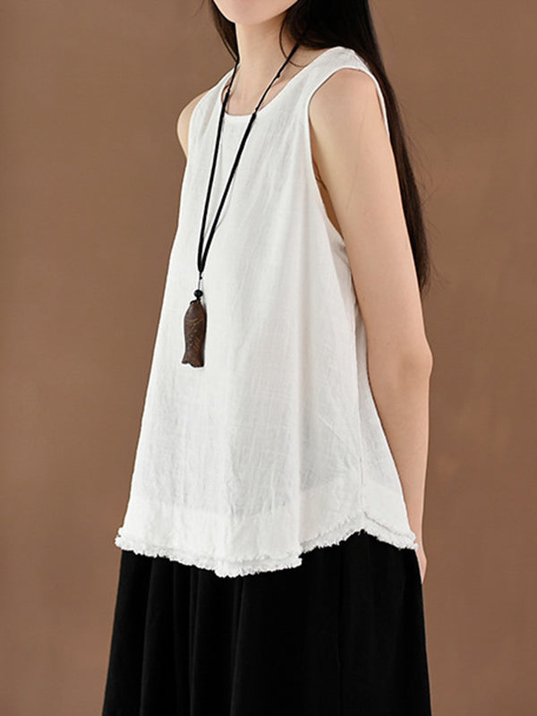 Fringed Solid Color Loose Sleeveless Round-Neck Vest Top