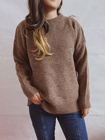 Casual Loose Long Sleeves Solid Color Round-Neck Sweater Tops