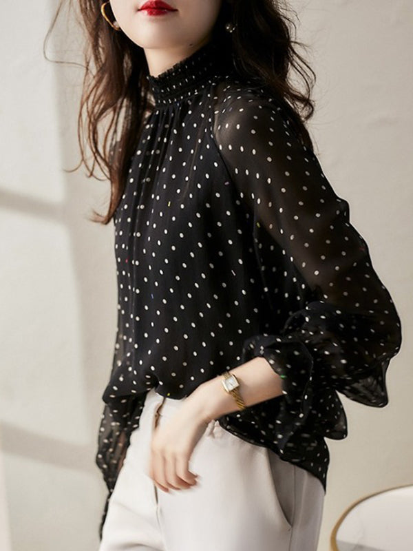 Elasticity Mesh Polka-Dot See-Through Flared Sleeves Long Sleeves Mock Neck Blouses&Shirts Tops