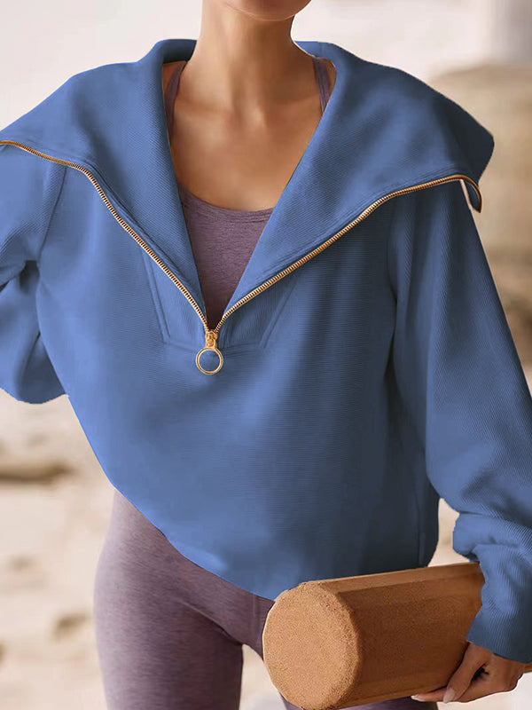 Solid Color Zipper Long Sleeves Loose Lapel Sweatshirt Tops