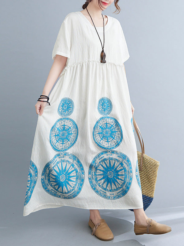 Ramie Cotton Round-Neck Ethnic Printed Loose Dress