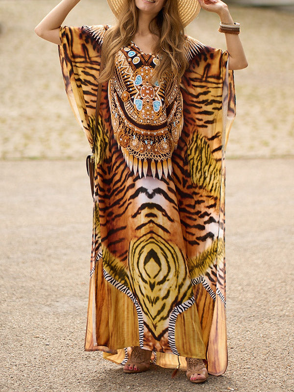 Patterned Split-side Tiger Skin Pattern Batwing Sleeves Relaxed Fit V-neck Maxi Dresses Beach Cover-Up