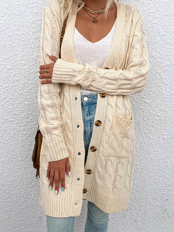 Urban Simple Loose Buttoned Solid Color Jacquard Cardigan Coat