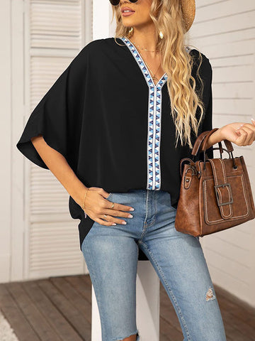 Split-Joint Batwing Sleeves Loose V-neck Blouses&shirts Tops