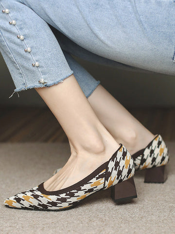 Contrast Color Houndstooth Pointed-Toe Round Cut Pumps Mid Heels