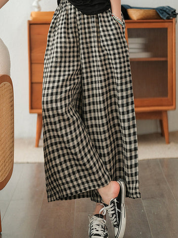 Artistic Retro Linen Loose Wide Legs Plaid Drawstring Pants