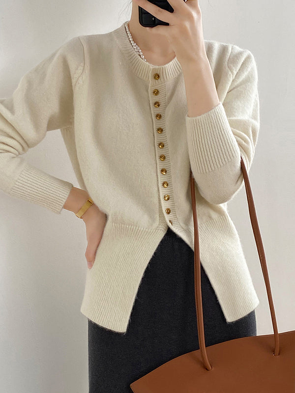 Elegant Long Sleeves Solid Color Round-Neck Cardigan Tops