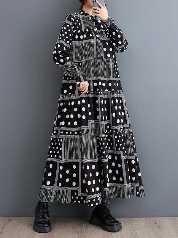 Buttoned Polka-Dot Printed Split-Joint Long Sleeves Loose Midi Dresses