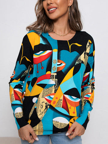 Figure Printed Long Sleeves Round-Neck Sweater Tops Pullovers Knitwear