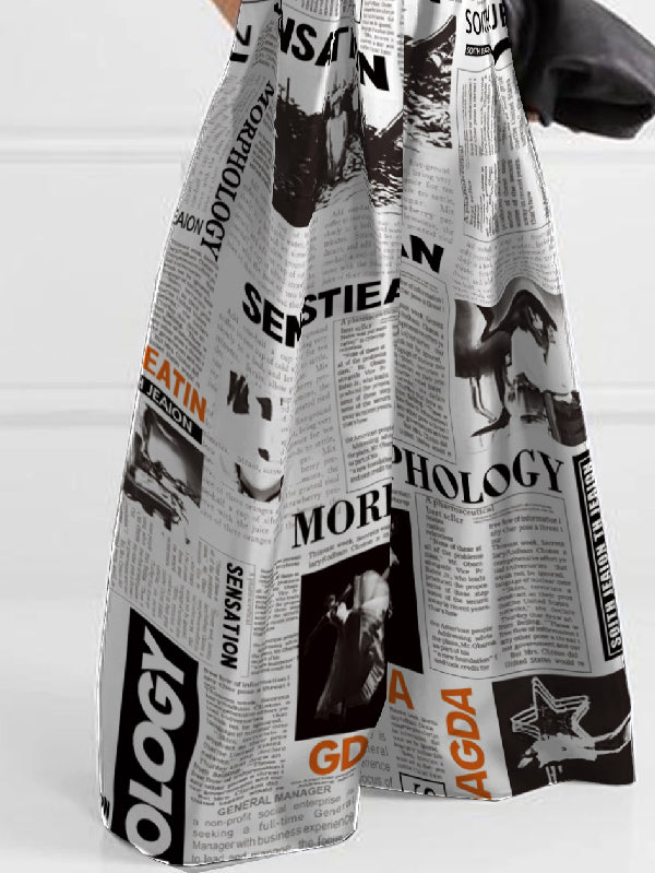 High Waisted Loose Newspaper Print Pleated Pants Trousers