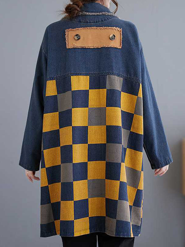 Buttoned Fringed Plaid Pockets Split-Joint Long Sleeves Loose Notched Collar Denim Outerwear