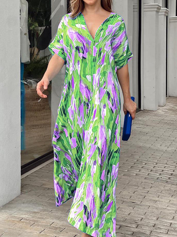 Multi-Colored Printed Loose Short Sleeves V-neck Maxi Dresses