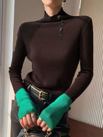 Contrast Color Split-Joint Long Sleeves Skinny High Neck Sweater Tops