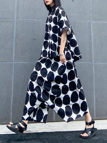 Round-Neck Batwing Sleeves Buttoned Polka-Dot Shirts Top + Elasticity Pockets Harem Pants Pants Bottom Two Pieces Set