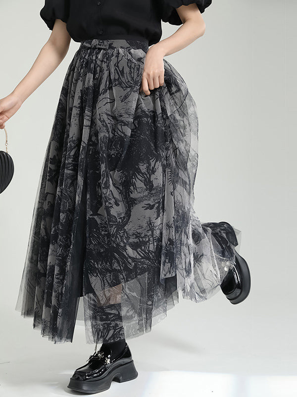 Gauze Pleated Printed Split-Joint A-Line Loose Skirts