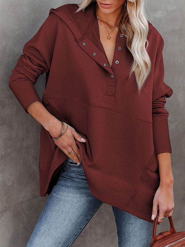 Buttoned Hooded Split-Joint Batwing Sleeves Long Sleeves V-Neck Hoodies Tops