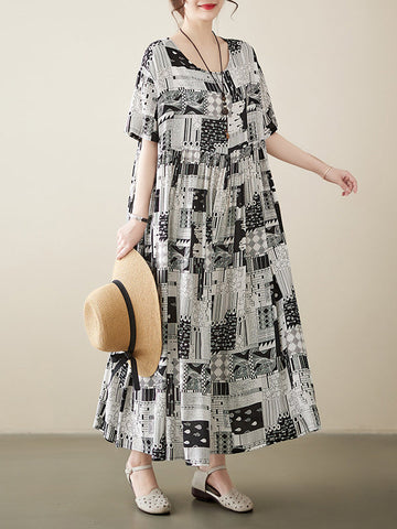 Printed A-line Loose Round-neck Midi Dresses