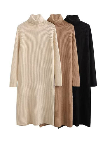 Simple Long Sleeves Loose Solid Color High-Neck Sweater Dresses