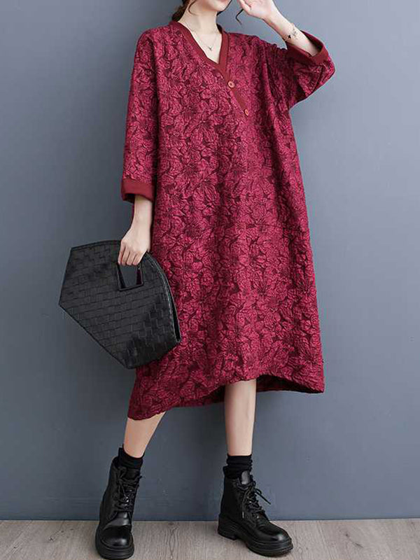 Asymmetric Buttoned Jacquard A-line Half Sleeves V-neck Midi Dresses