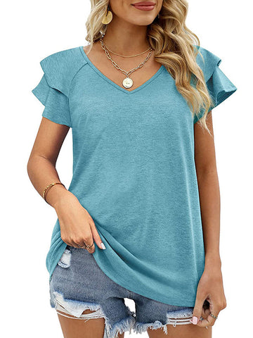 Falbala Solid Color Split-Joint Loose Short Sleeves V-Neck T-Shirts