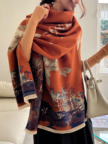 Floral Printed Tasseled Shawl&Scarf