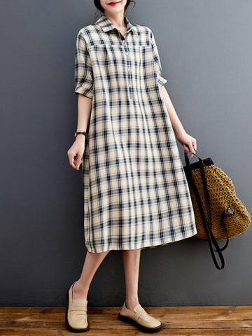 Plaid Half Sleeves Loose Lapel Midi Dresses