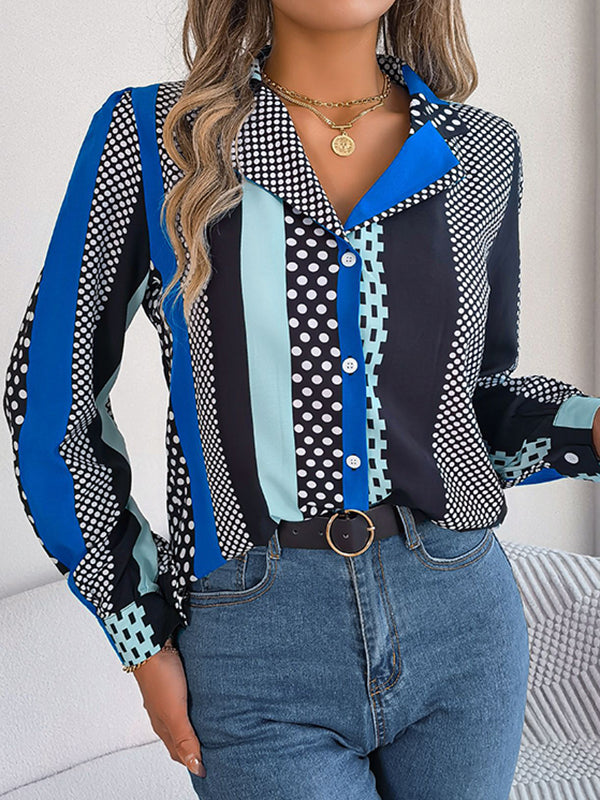 Buttoned Contrast Color Polka-Dot Long Sleeves Notched Collar Blouses&Shirts Tops