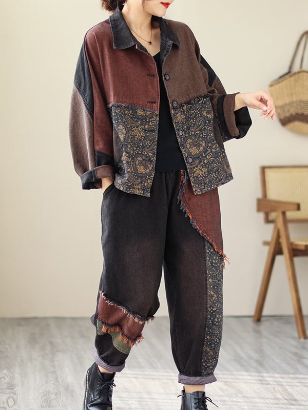 Contrast Color Fringed Split-Joint Long Sleeves Printed Outwear + Harem Pants  Two Pieces Set