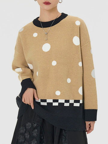 Contrast Color Polka-Dot Velvet Long Sleeves Loose Round-Neck Sweater Tops Pullovers