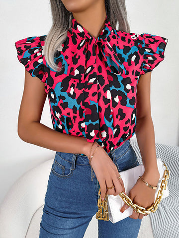 Leopard Cap Sleeve Loose Statement Collar Vest Top