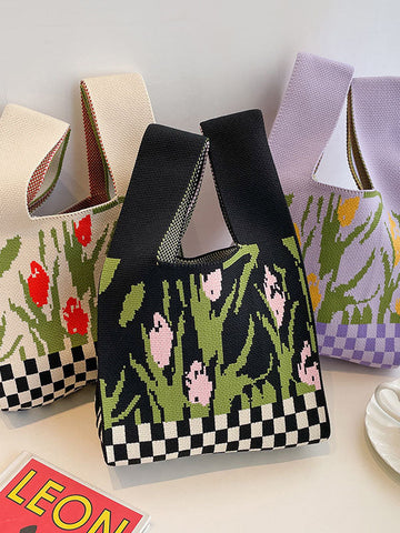 Checkerboard Floral Printed Woven Handbag Bags Accessories