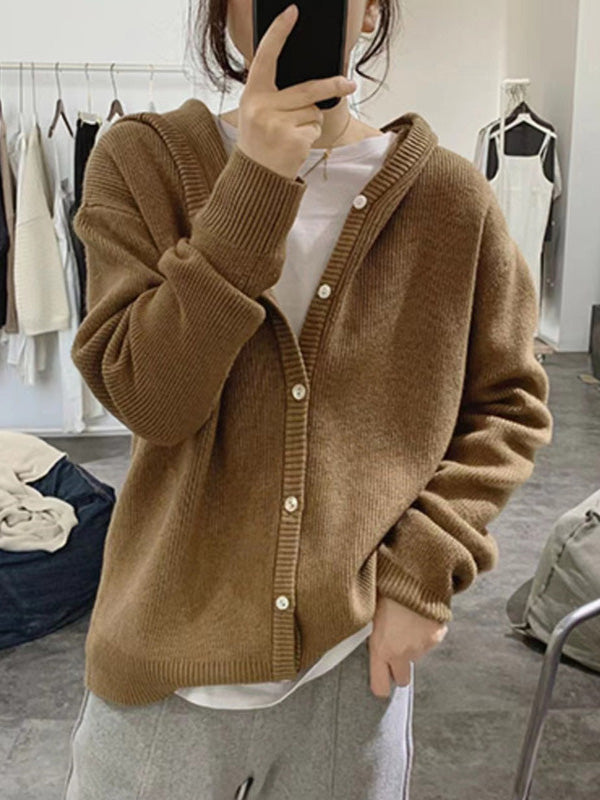 Simple Loose Long Sleeves Buttoned Solid Color Hooded Sweater Cardigan Coats