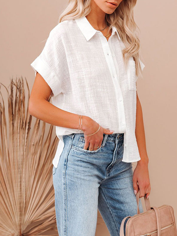 Pleated Loose Short Sleeves Lapel Blouses&Shirts Tops