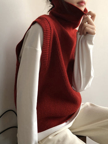 Casual Loose Sleeveless Solid Color High-Neck Sweater Vest Outerwear