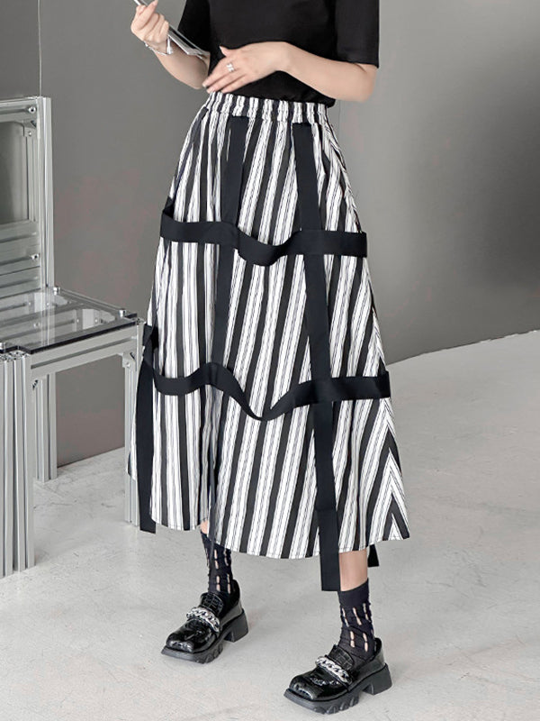 Elasticity Split-Joint Streamer Striped A-line Loose Skirts Bottoms