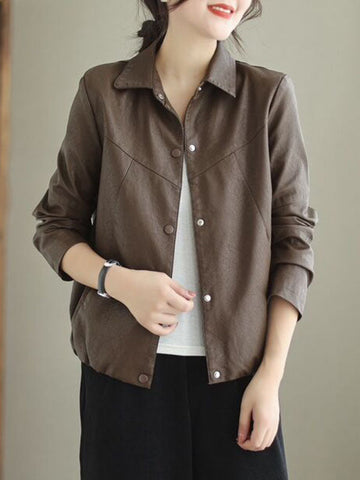 Buttoned Elasticity Pockets Solid Color Long Sleeves Loose Lapel Outerwear Jackets