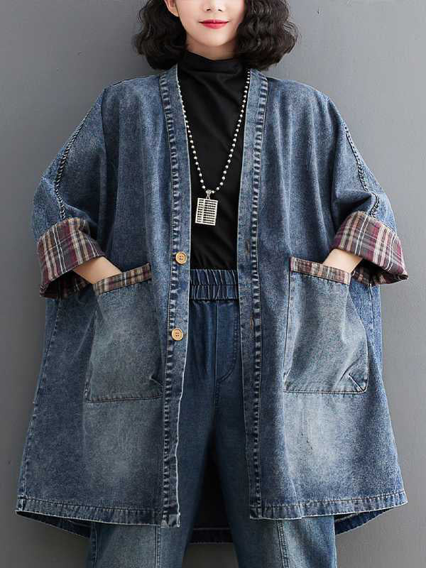 Buttoned Plaid Pockets Split-Joint Long Sleeves Loose V-Neck Denim Outerwear