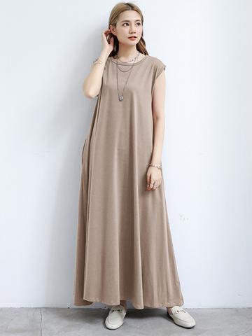 Simple Loose Sleeveless Solid Color Round-Neck Maxi Dresses