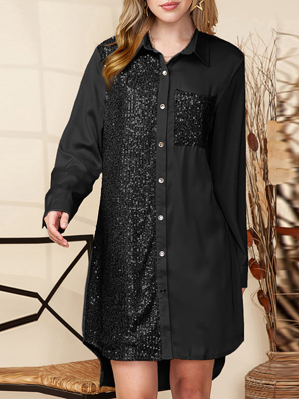 Asymmetric Buttoned Pockets Sequined High-Low Long Sleeves Lapel Shirt Dress Mini Dresses